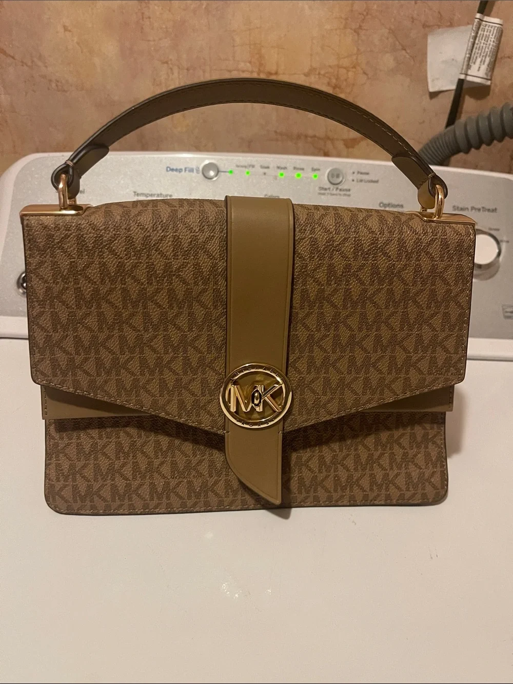Michael Kors Brown Monogram Top-Handle Satchel with Gold MK Emblem